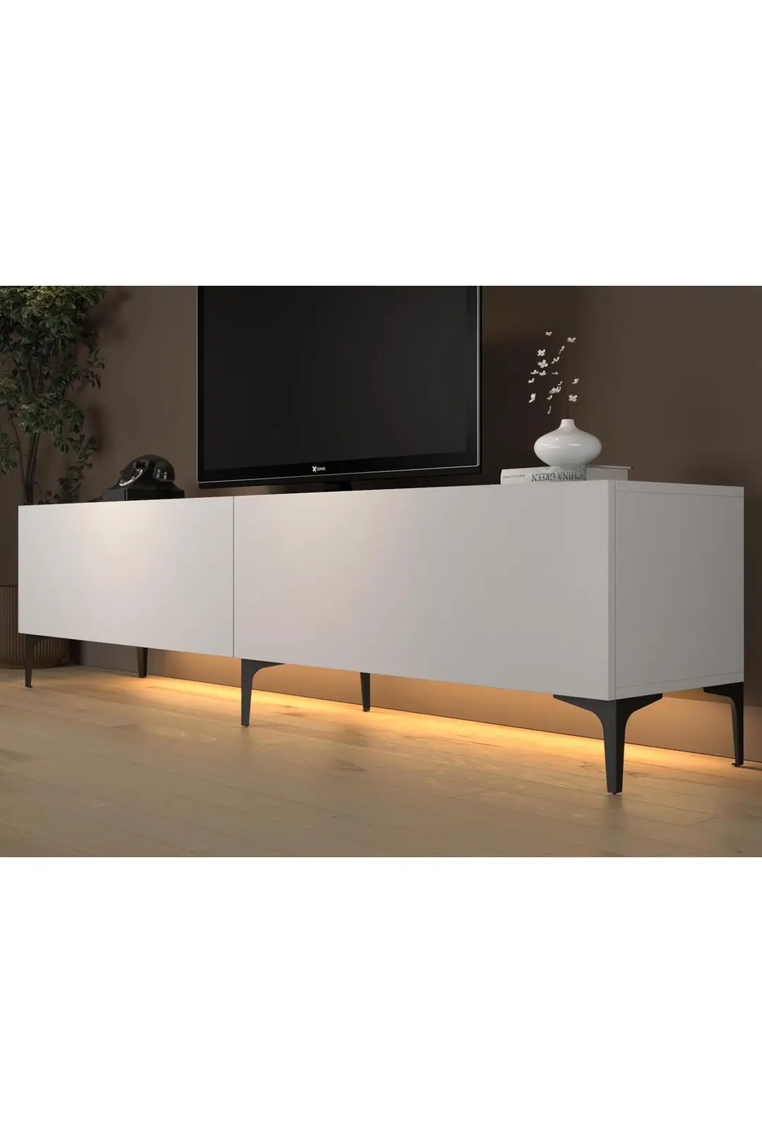 Napoli 200 Cm Led Işıklı Geniş Dolaplı Minifiksli Tv Ünitesi - Tv Sehpası - Beyaz